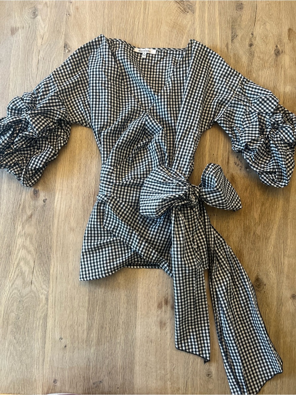 Gingham Wrap Blouse with Tie Waist - Black/White